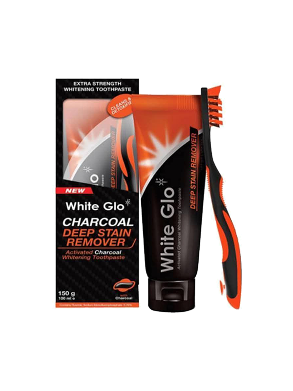 معجون أسنان وايت جلو لإزالة البقع العميقة وتبييض الأسنان + فرشاة بطرف خيط تنظيف – بنكهة الفحم
